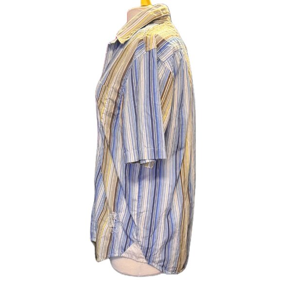 Guess MSRP $64 Womens Button Down Top Stripe Blouse Short Sleeve Blue Yellow SP - Picture 2 of 10